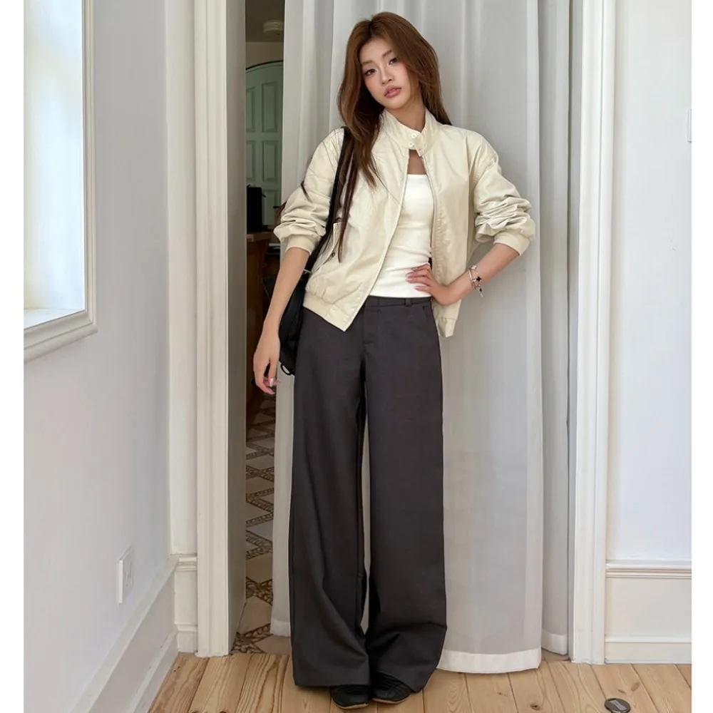 Ciemnoszare spodnie garniturowe z szerokimi nogawkami damskie jesienno-zimowe nowy styl drapowane niskie w pasie proste spodnie codzienne uniwersalne długie spodnie 2025