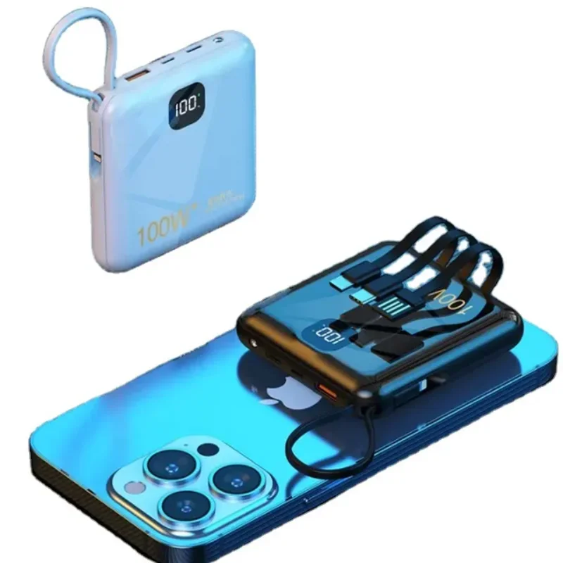 Mini BANCO DE ENERGÍA DE CARGA RÁPIDA, 100W, 20000mAh, para iphone, Huawei, android, Cable incorporado
