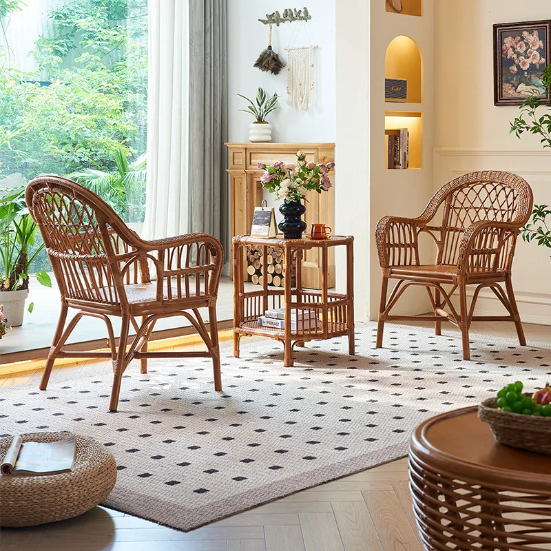 

New Chinese-style full rattan hand-woven rattan chair household small apartment rattan table and chair three-piece set B & B bal