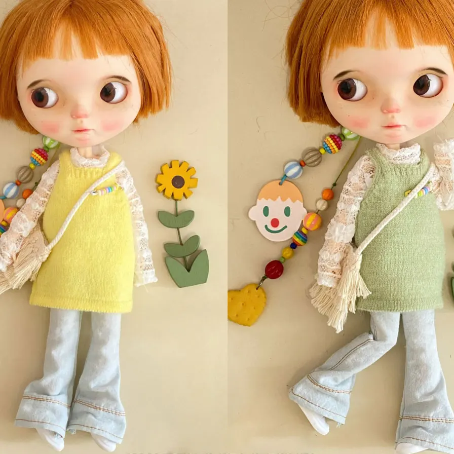 

Ob22 24, одежда для кукол, однотонное повседневное вязаное свободное платье без рукавов, синие ковбойские брюки-клеш, сумка с кисточками, милый комплект