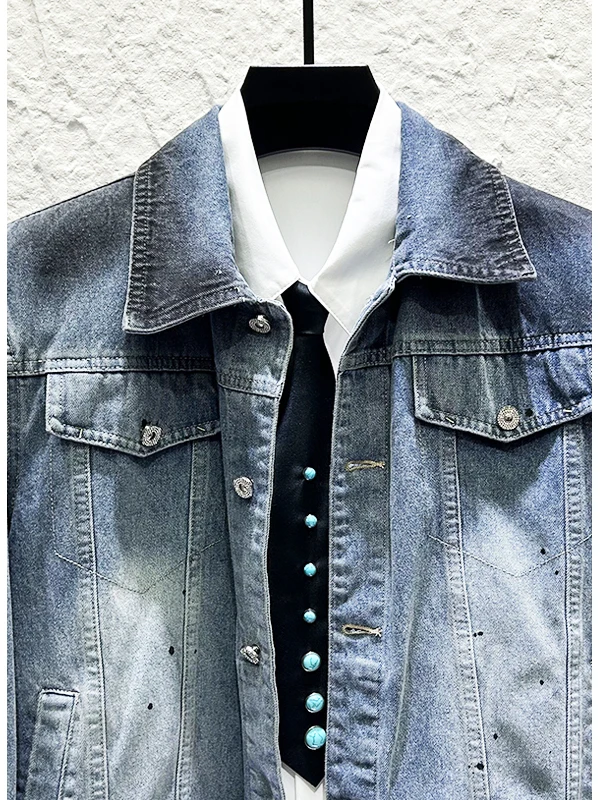 Men's 2025 Autumn New Personality Contrast Color Loose Denim Jackets Curved Pants American Style Retro Trendy Tooling Denim Sets