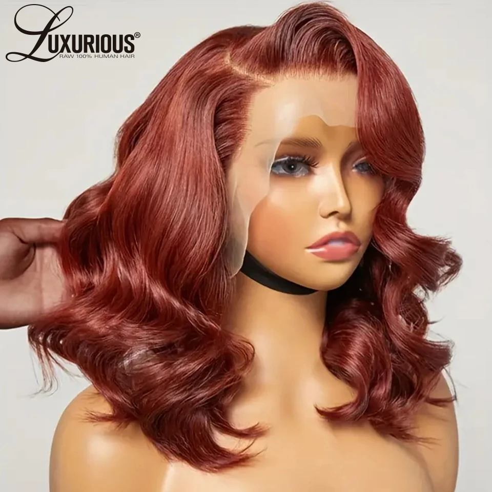 

Copper Red Reddish Brown Lace Front Wigs 13x4 HD Transparent Lace Frontal Wig Short Body Wave Human Hair Wig Pre-plucked