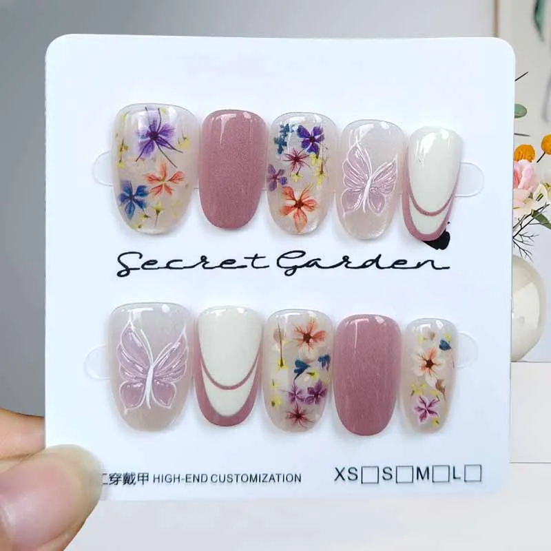 

10 шт. новый 3D цветочный мир короткий миндаль и короткий квадрат ручной работы элегантный пресс на ногтях милые ломтики ногтей патч для дизайна ногтей