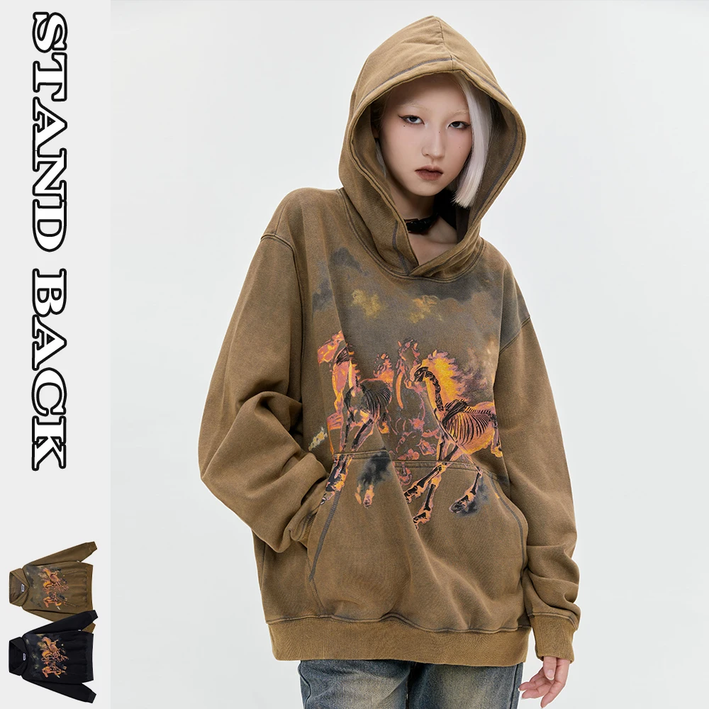 

Unisex Distressed Retro Flame Horses Oversize Hoodies Women Gothic Style Academia Winter Clothes Streetwear Pullovers Tops 2023