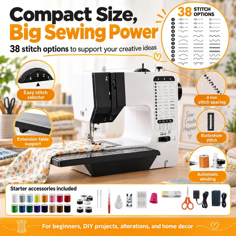 38 Built-in Stitch Patterns, Portable Sewing Machine DIY Sewing Machine, Includes 42 Sewing Accessories