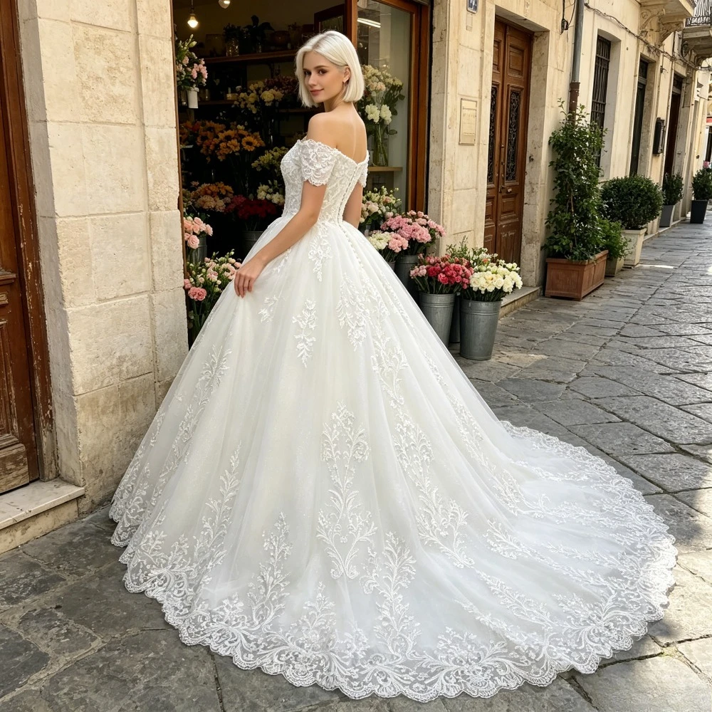 Customized Off Shoulder Lace Bridal Gown 2026 New Luxury Sweet Neckline Cathedral Trailing and Floor Skirt Suitable for Weddings
