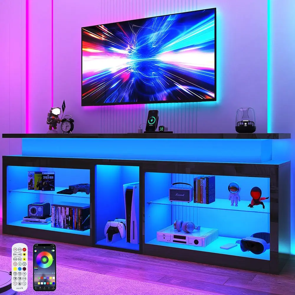 LED TV Stand with Power Outlet,60Colors LED Lights For 65 70 80 in TV,High Gloss Gaming Entertainment Center w Adjustable Shelv