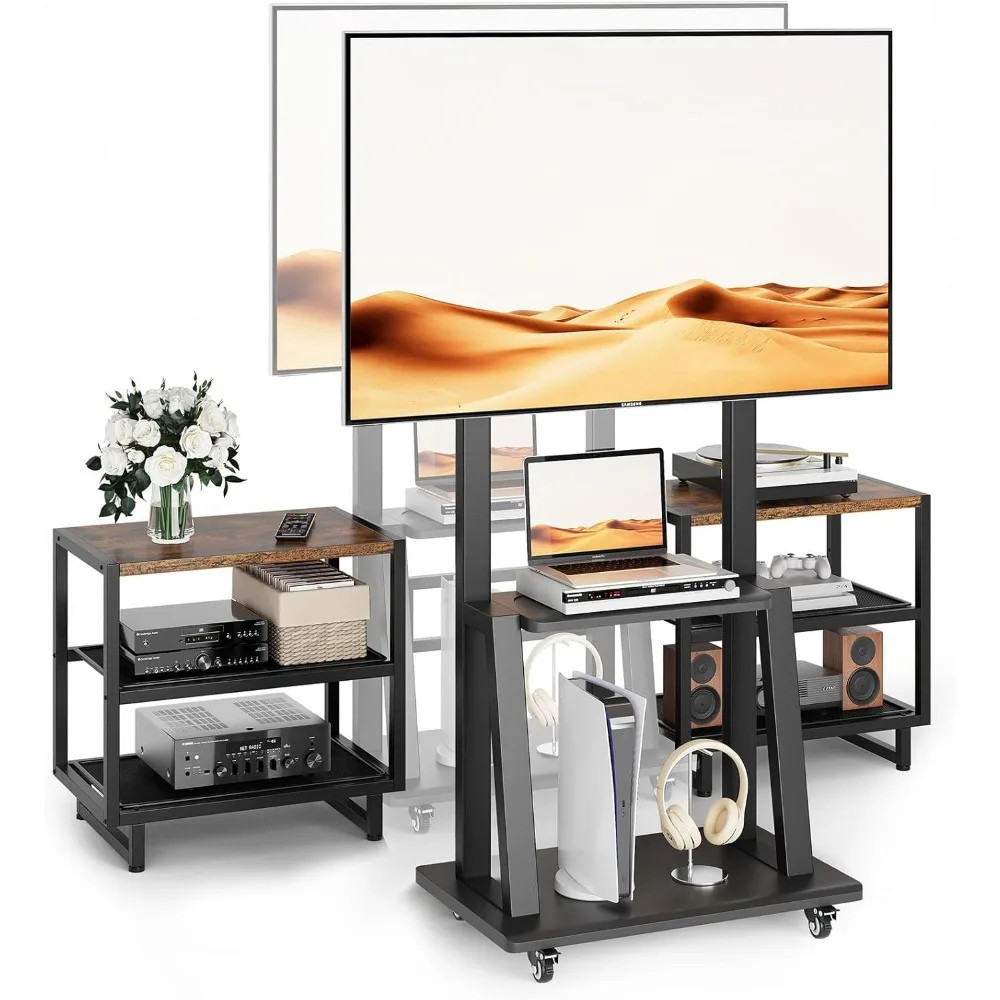 

Rolling TV Stand with Storage Cabinet for 32-75 Inch Screens up to 120lbs, Mobile TV Stand on Wheels with Shelves, Height