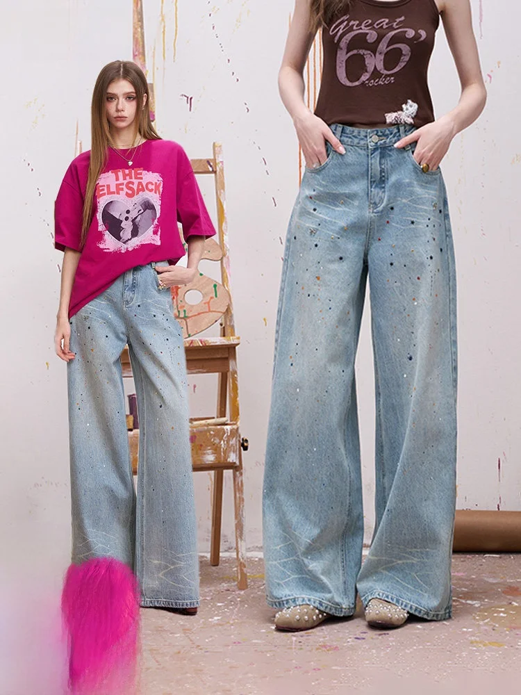 

Loose Casual Streetwear Women's Jeans Summer Spring Oil Painting Print Wide Leg Pants l Waist Straight Tube Trousers