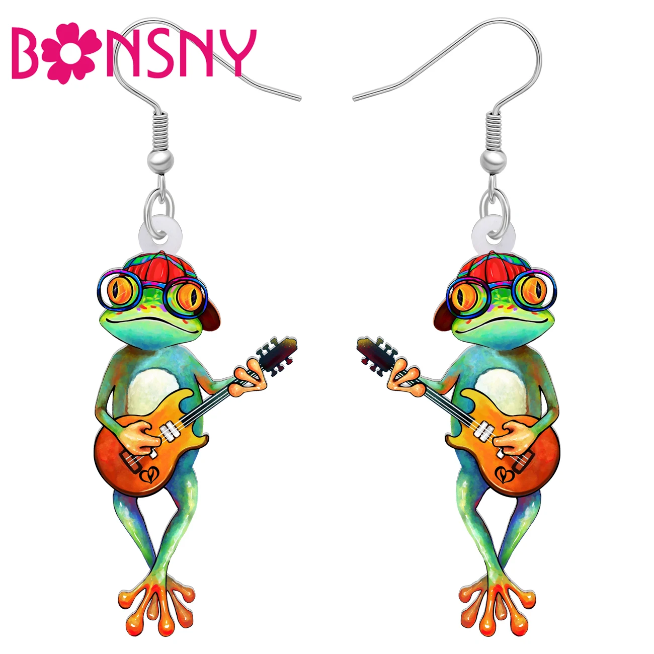 BONSNY Acrylic Funny Hat Guitar Frog Earrings Drop Dangle Novelty Music Animals Jewelry for Women Girls Kids Gifts Accessories