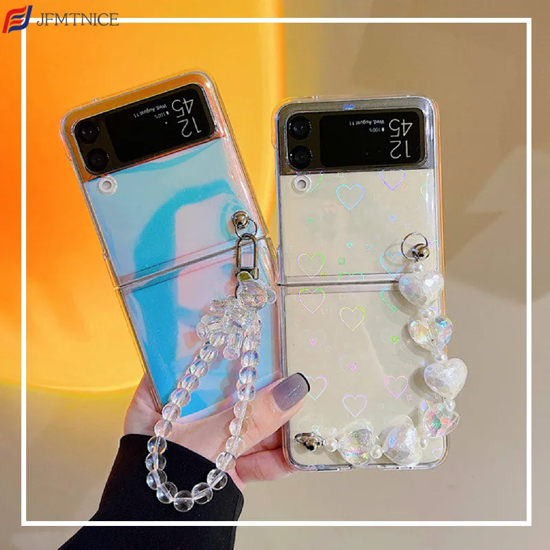 INS Love Heart Bear Pearl Bracelet Case for Samsung Galaxy Z Flip 4 5G Zflip Mirror Laser Aurora Clear Cover Samsung Z Flip 3 Z3