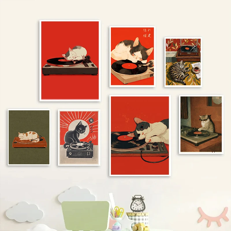 Vintage Cat Vinyl Record Player Poster Cute Cat on Turntable Wall Art Print Canvas Painting Home Decor for Music Room Bedroom