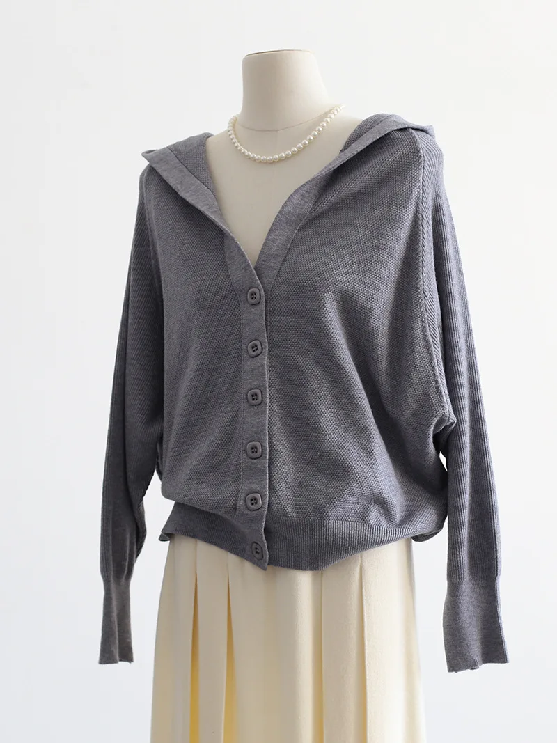 High Quality Women Solid Hooded Cardigan Sweater Jacket Long Sleeve Button Loose Knit Cardigans Coat Batwing Sleeve C-168