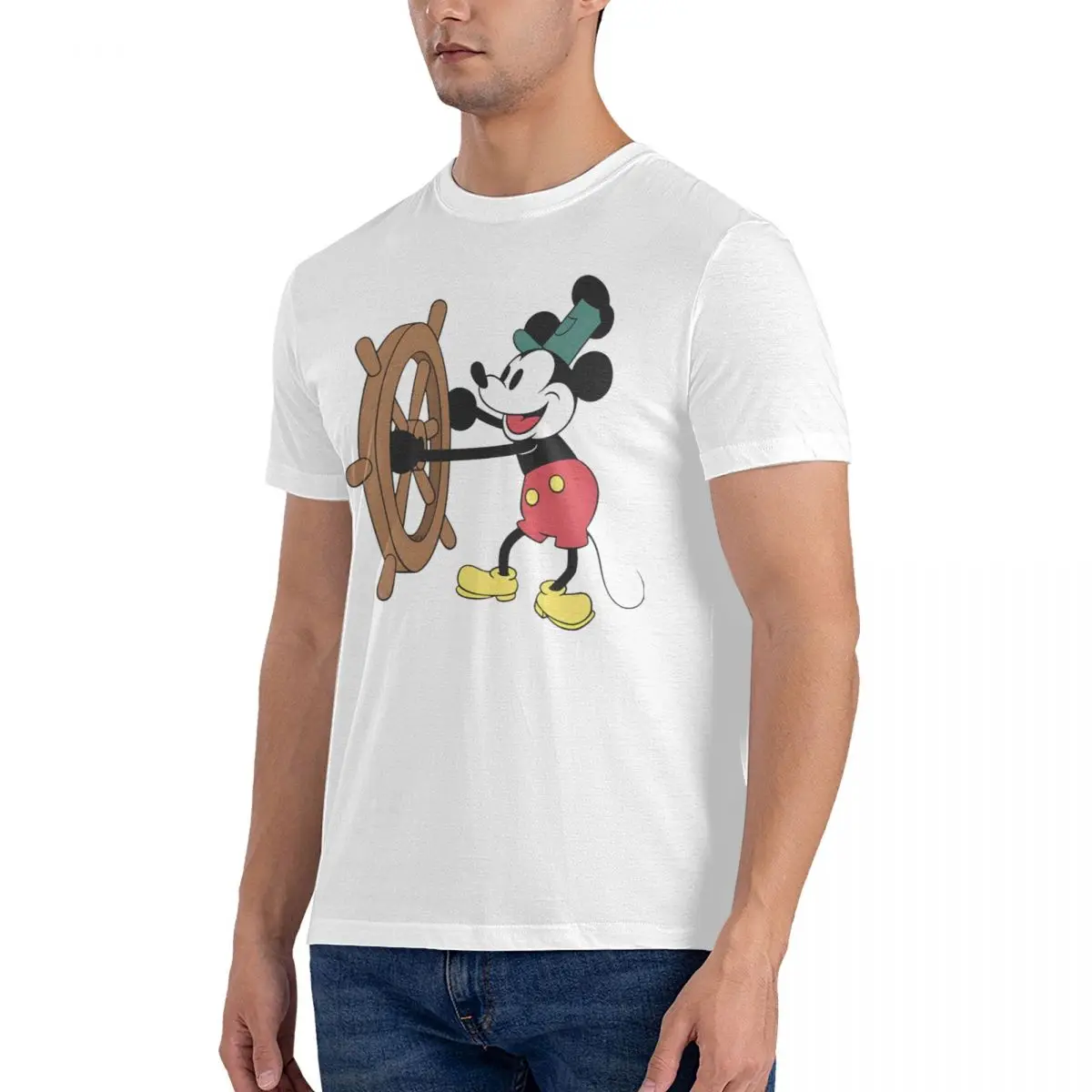 Steamboat Willie T Shirts for Men Pure Cotton Funny T-Shirts Round Neck Disney Cartoon Character Mickey Tee Shirt Short Sleeve