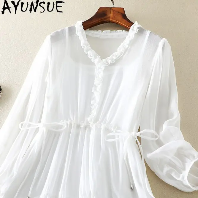 AYUNSUE 天然桑シルクドレス女性の服白いドレス女性のエレガントなドレス 2 点セット Vestidos パラ Mujer