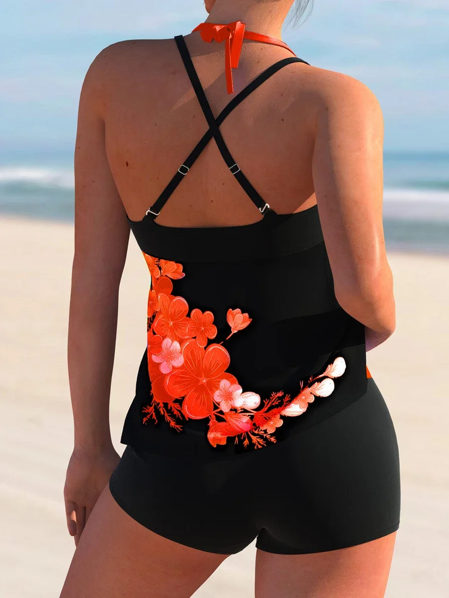 Two Piece Swimsuit Printed Tankini Set 2024Women High Waist Swimwear Female Lace Up Beachwear Bathers Bathing Swimming Swim Suit