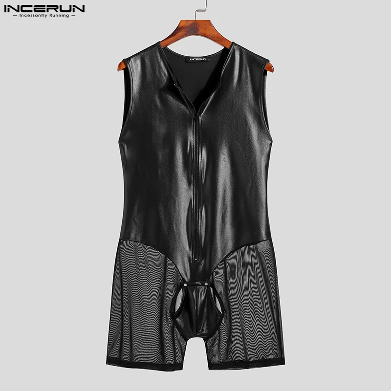 INCERUN 2023 New Men Sexy All-match Bodysuit Leather Patchwork See-through Thin Mesh Jumpsuits Stylish Flat Angle Homewear S-5XL