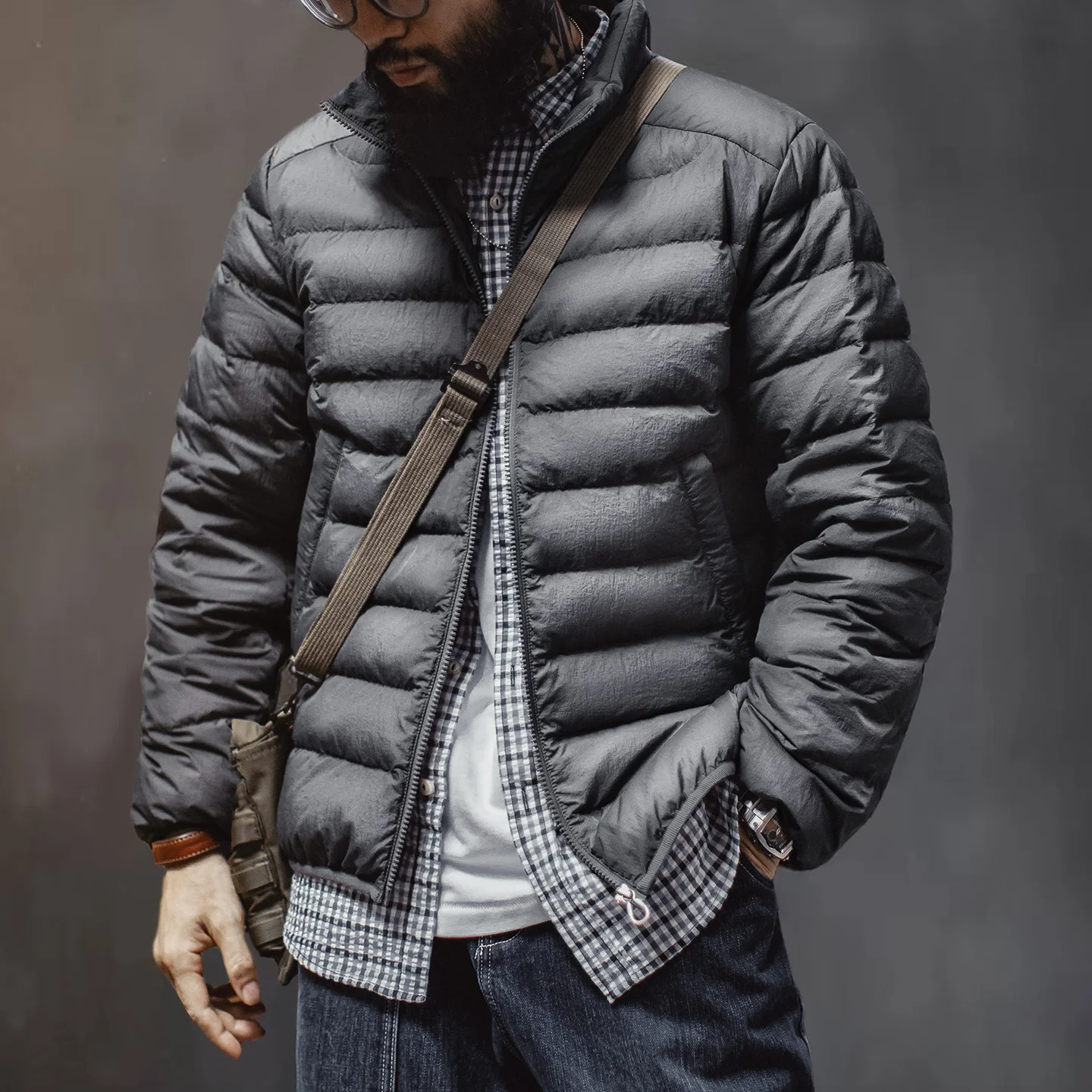 Maden Winter Men's Stand-up Collar Down Jacket Lightweight Hydrophobic White Duck Down Filling Coat Warm Inner Layer for Fall