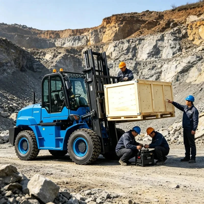FOB Transportation Equipment High Capacity Off Road Forklift With Four Wheel Drive And Side Shift Fork For Timber Yard Stacking