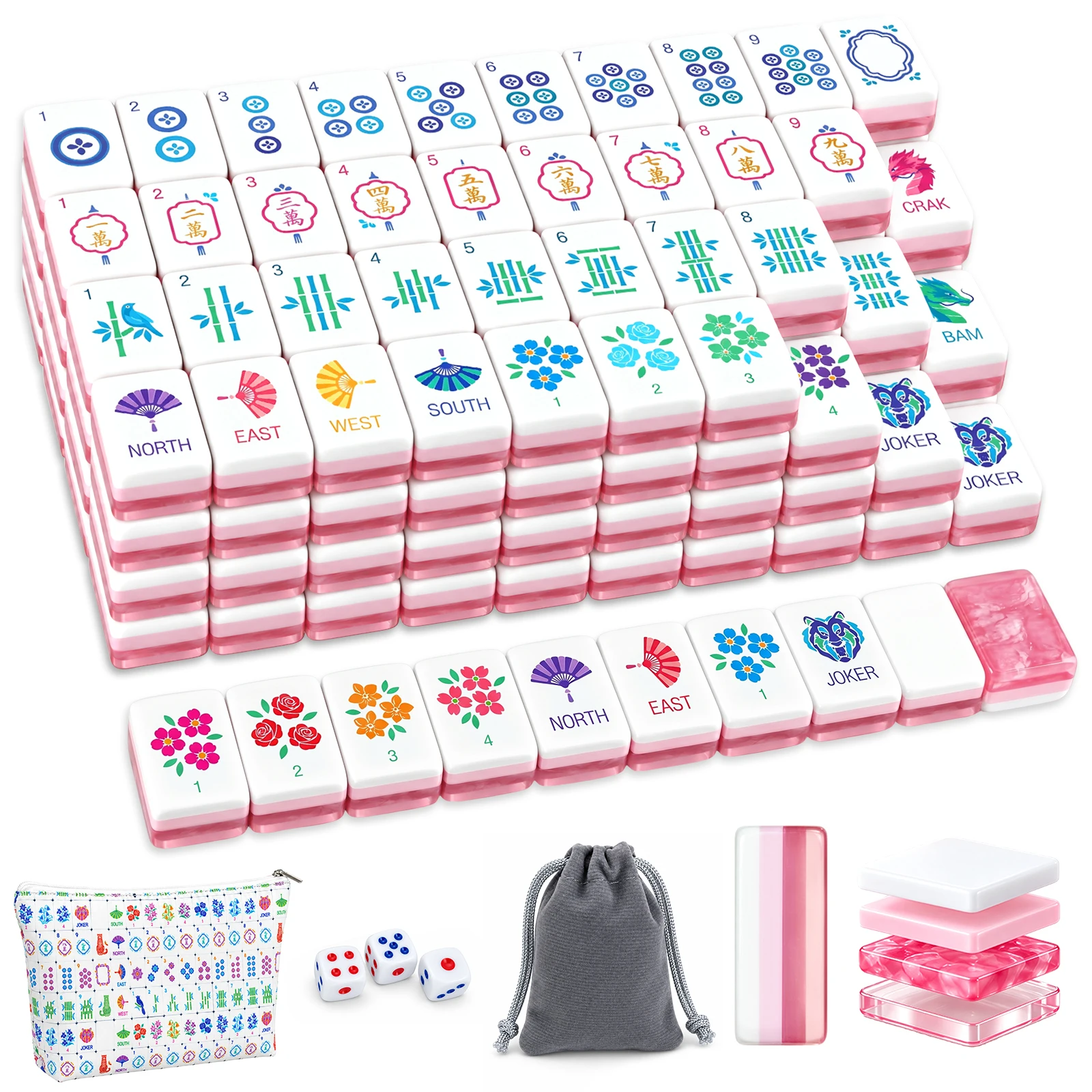 Tropical Flower 4-Layer Printed Luxury Acrylic Mahjong Set Premium American Mahjong Tiles for Family Party Gifts