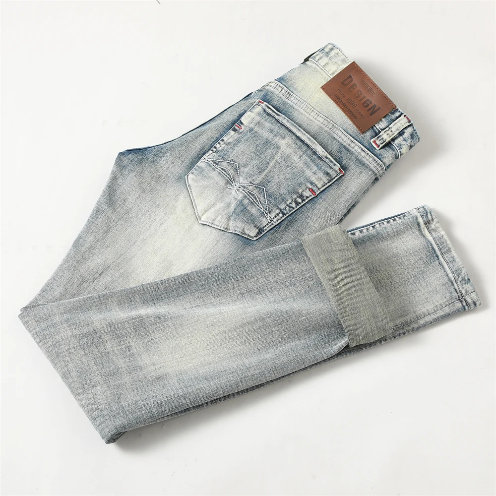 Italian Style Fashion Men Jeans Retro Yellow Blue Elastic Stretch Slim Ripped Jeans Men Patchwork Designer Vintage Denim Pants