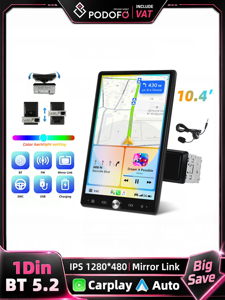Podofo 10,4 Zoll 1-DIN-Autoradio MP5, Auto-Stereoanlage mit kabellosem Carplay und Android Auto, HD-Touchscreen mit manueller Drehfunktion, 1280*480, kabelgebundener Mirror-Link, universelles