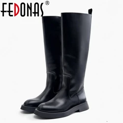 FEDONAS New Women Genuine Leather Knee High Boots Thick Low Heels Warm Autumn Winter Shoes Woman High Motorcycle Boots