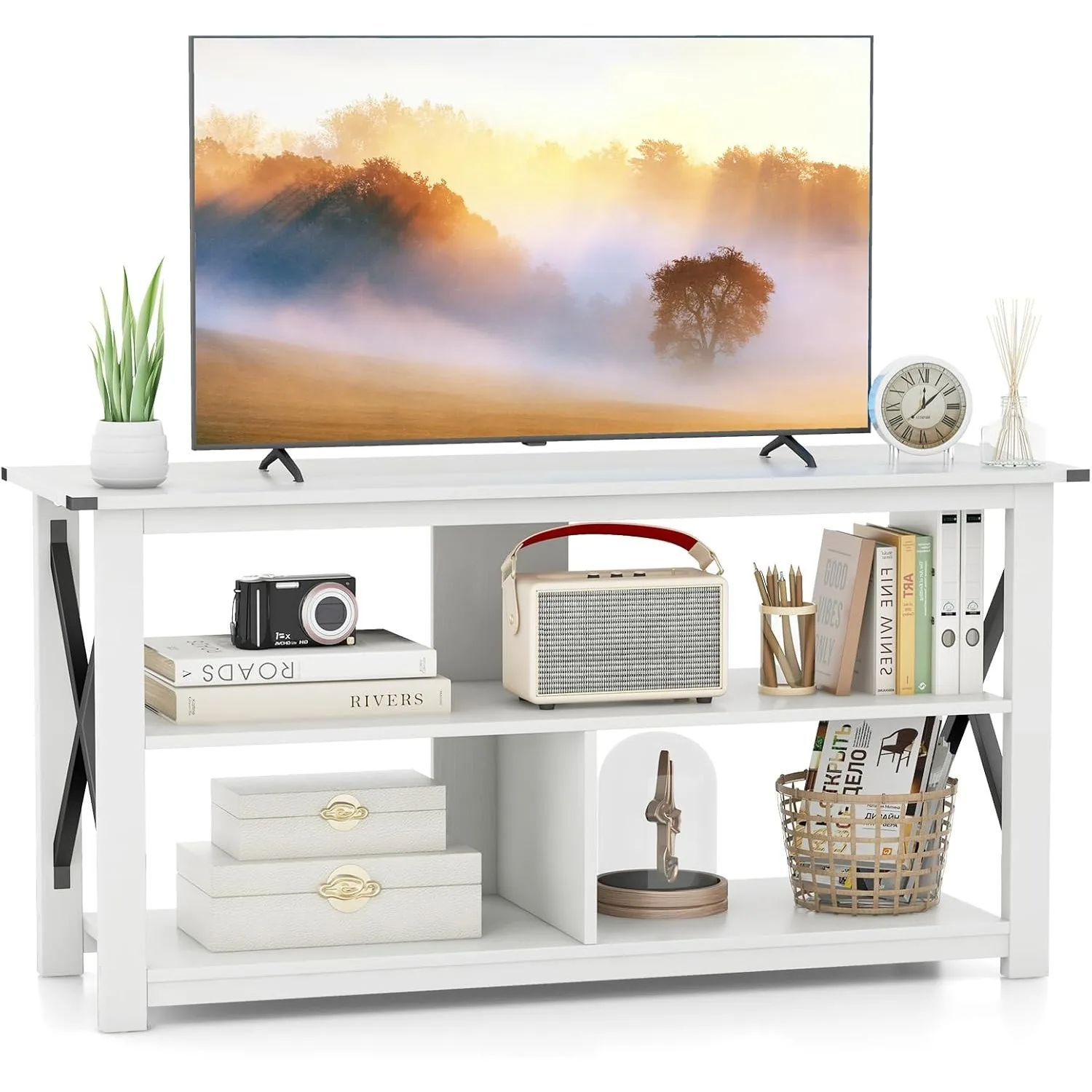 Wood TV Stand with Open Shelves and X-Shaped Frame, 3 Tier Entertainment Center for 55-Inch TV, Farmhouse TV Console Table