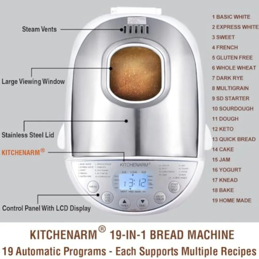 Bread Machine for Home Baking, White Plastic, 19-in-1 Functions with Homemade and Gluten-Free Cycles, Beginner-Friendly, 2LB/1.