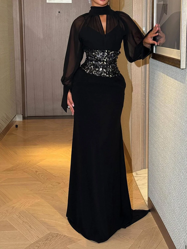 Outono inverno nova cor sólida chiffon vestido elegante oco para fora manga longa vestido de noite temperamento oco para fora vestidos de lantejoulas