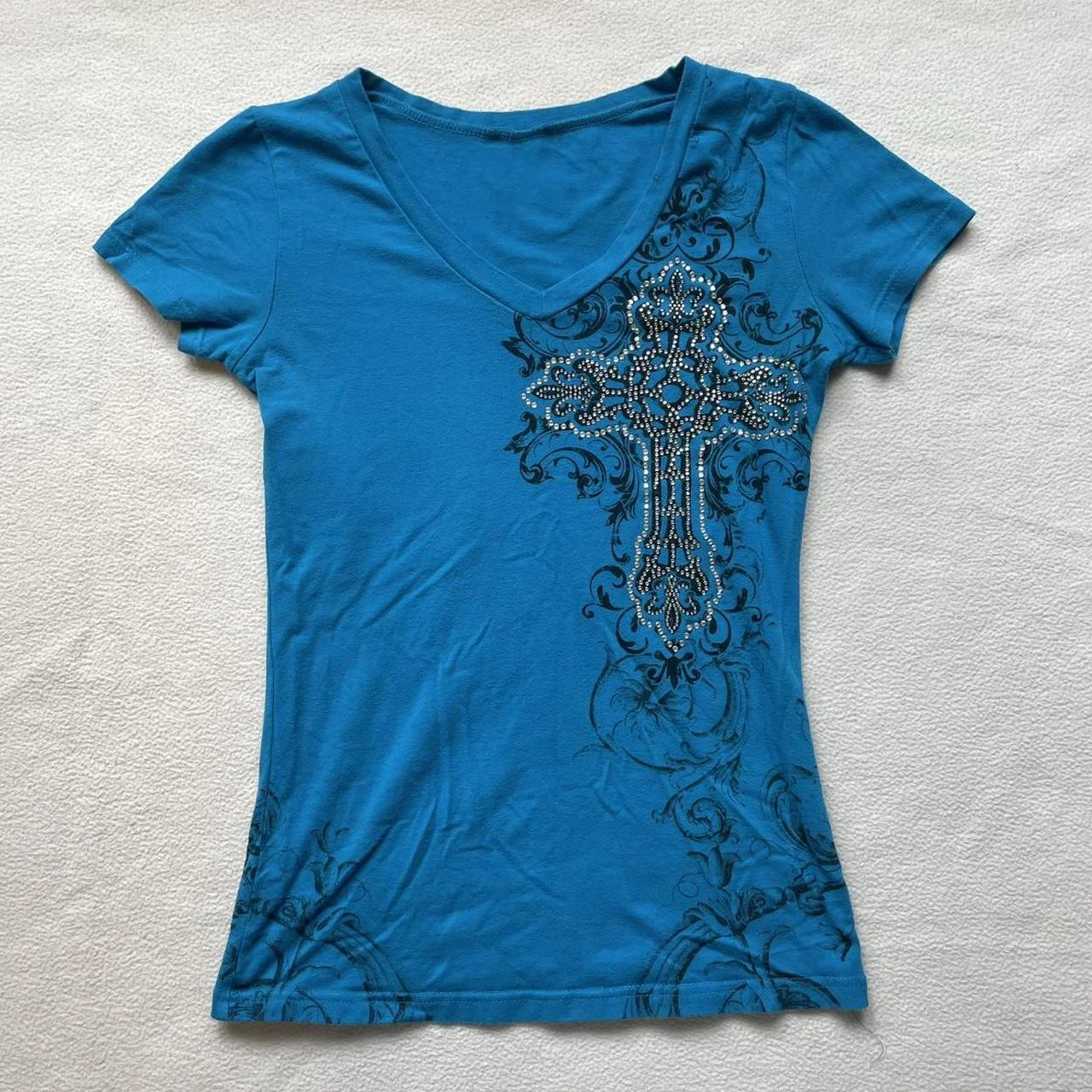 Summer Women's Short-Sleeve T-Shirt, Pattern-Printed and Rhinestone-Accented Slim-Fit Top