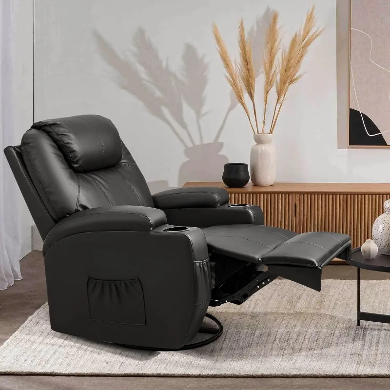 Rocker Recliner Chair with Massage and Heat for Elderly, Leather Adjustable 360°Swivel Rocking Sofa for Living Room