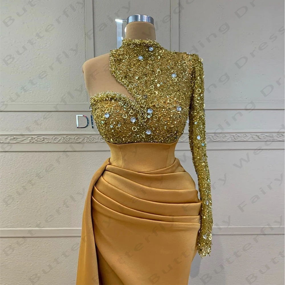 Gorgeous Women's Mermaid Single Shoulder Sleeve Evening Dresses Sexy Side High Slit Princess Prom Gowns Formal Fashion Party De