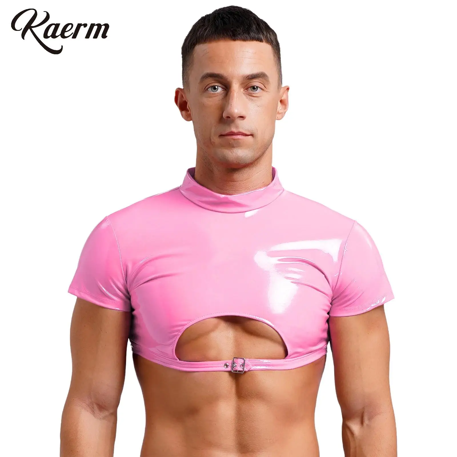 

Mens Glossy Patent Leather Erotic Ultra Short Crop Top Short Sleeve Sexy Cutout Buckle Back Zipper Skinny Top for Pole Dancing