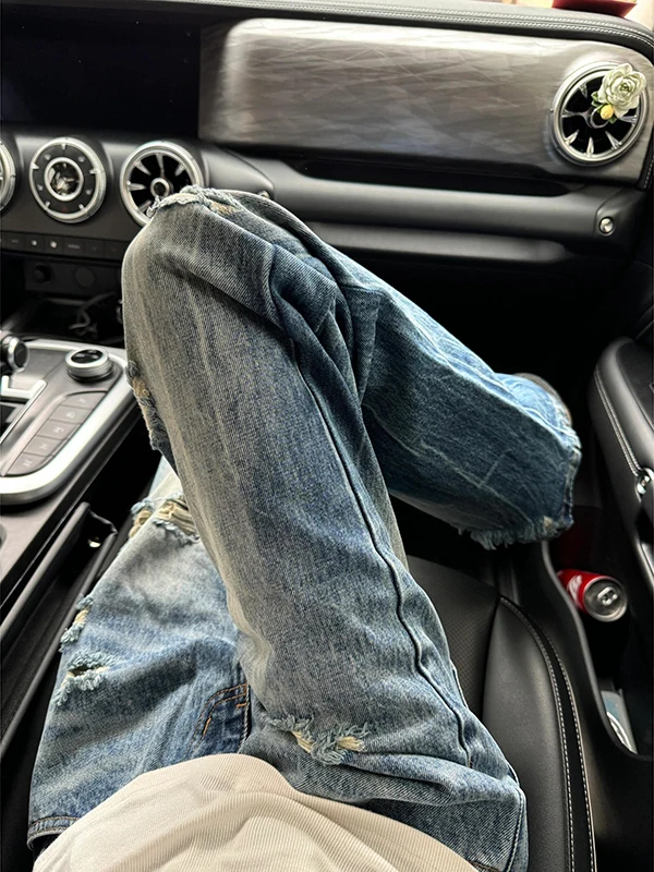 

Light Blue Lightning Pattern Ripped Denim Jeans Men's Waed Straight Leg Bell Bot American Hiphop Streetwear Trousers