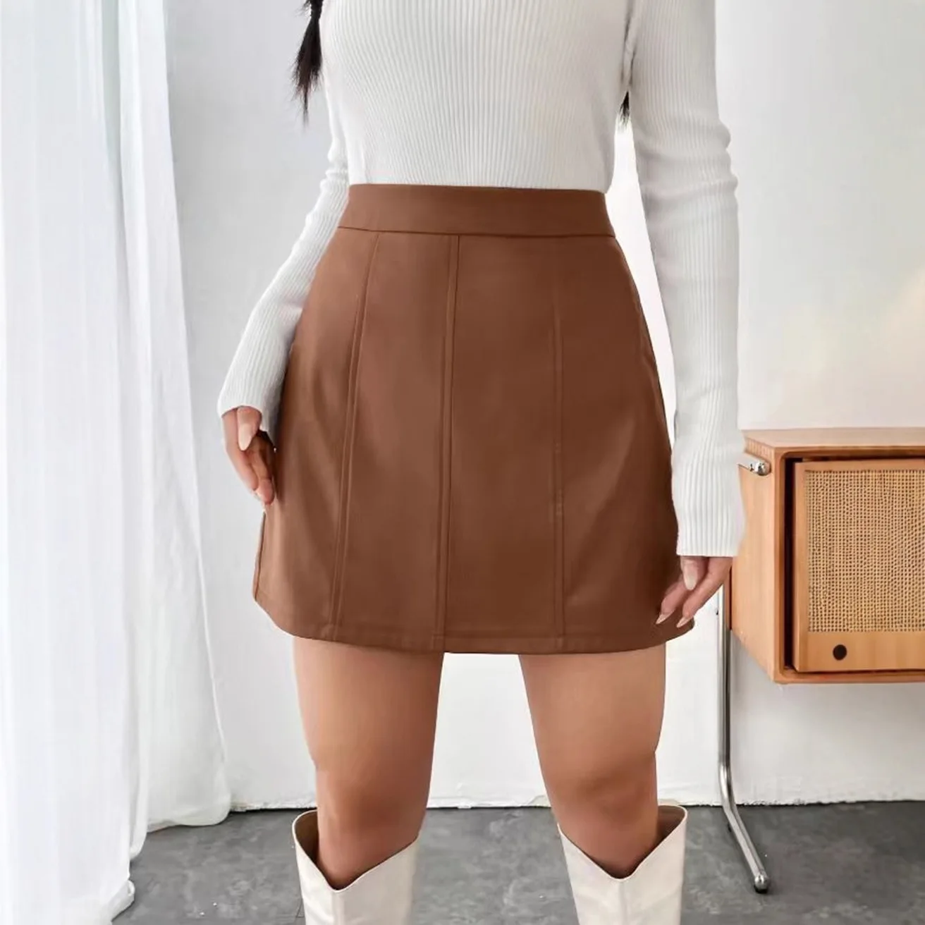 Retro Women's Pu Leather Skirt A-shaped High Waist Hip-wrapped Skirt
