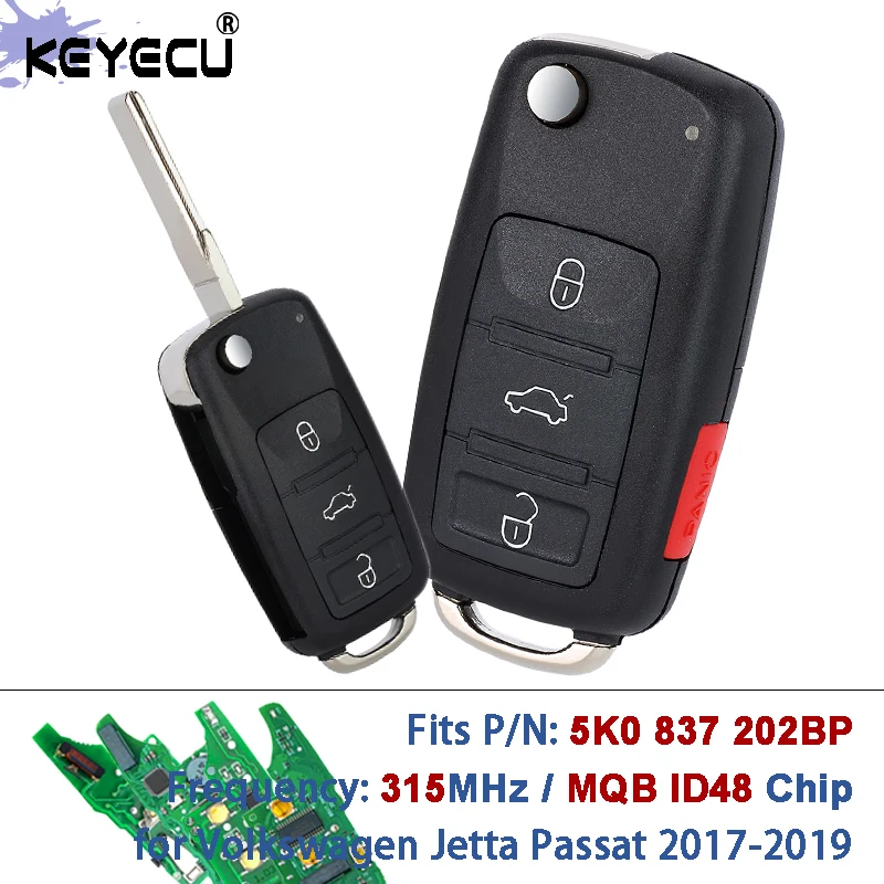 

KEYECU FCC ID: NBGFS93N, 5K0837202BP 315 МГц MQB ID48 Чип-откидной дистанционный брелок без ключа для Volkswagen Jetta Passat 2017-2019