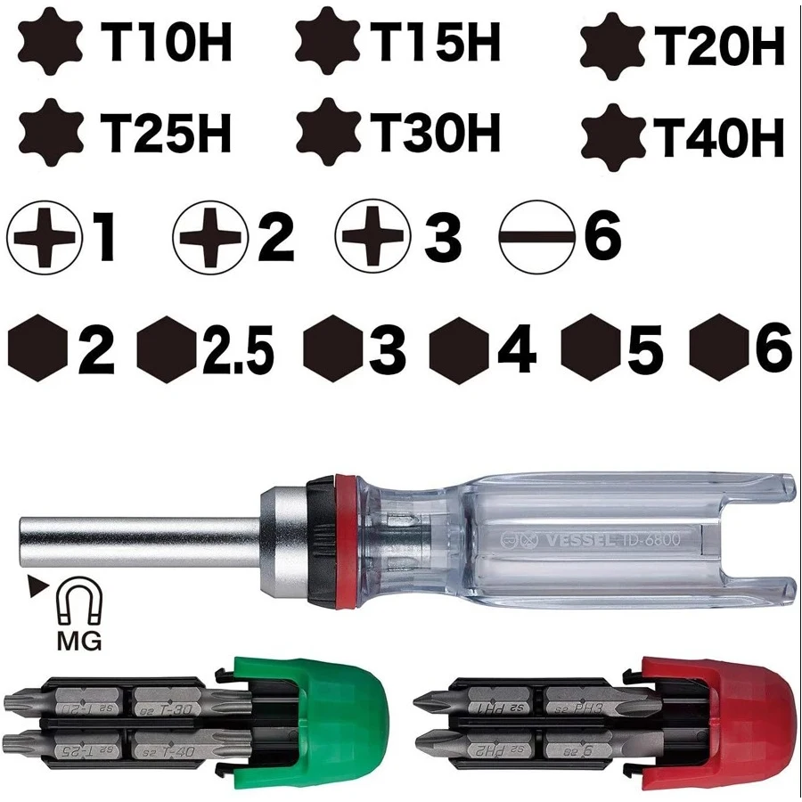 VESSEL Ratchet Screwdriver Set with 4/8/16 Bits Screwdriver Handle Hand Tools NO.TD-6816MG/TD-6804MG/TD-6808TX/TD-6808MG