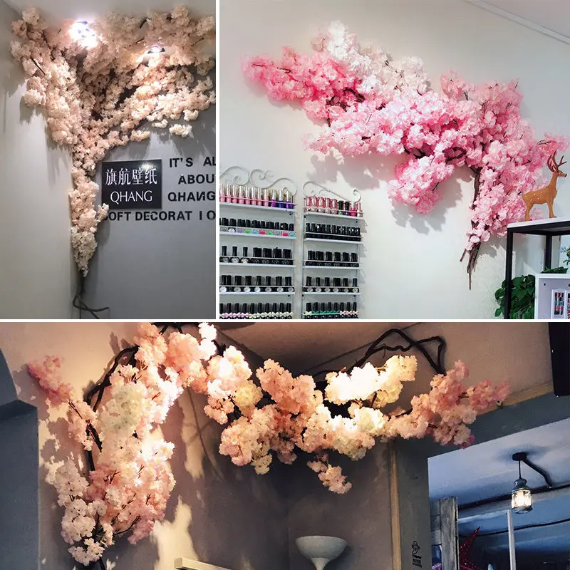 Artificial Flower Cherry Blossom Set Tree Vine Flower Wall Home Balcony Outdoor Garden Plant Wall DIY Wedding Party Arrangement