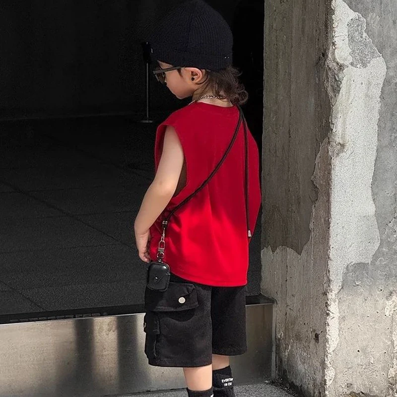 Summer Fashion Baby Red Sleeveless Set Boys Top Tshirt+Shorts 2pcs Children Set Casual Sportswear 2PCS Streetwear Clothing
