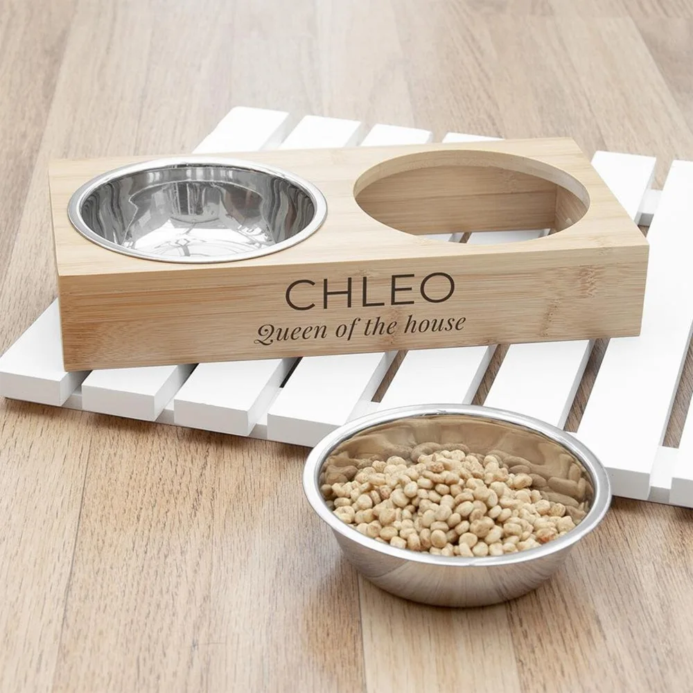 

Customized Personalized Bamboo Wood Dining Table Pet Double Bowl Cat Dog Stainless Steel Food Bowl Anti Knockover Pet Supplies