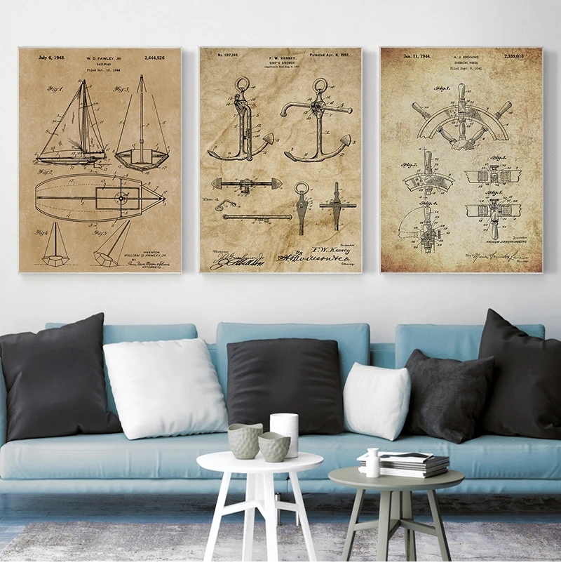 Sailboat Patent Print Vintage Poster Sailor Gifts , Yacht Anchor Ship  Wheel Sailing Blueprint Nautical Wall Art Canvas Painting