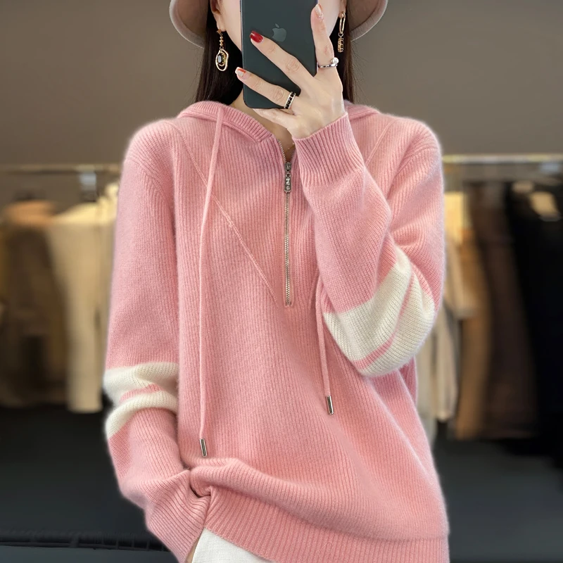 

100% pure wool ladies hoodie O-neck color matching long sleeve warm loose new cashmere sweater coat in autumn and winter