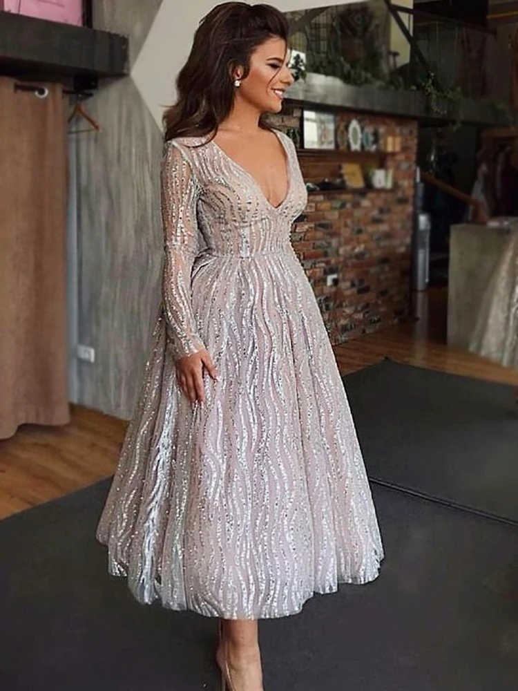 Women Sexy Party Prom Dress Summer V-Neck Long Sleeve High Waist Temperament Female Evening Dress New Female Fashion Style Dress