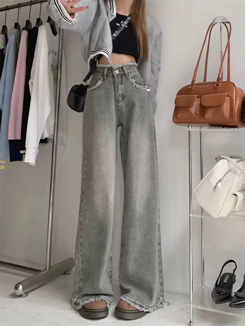 بنطال ذو قصة أرجل واسعة شريط مرن للمرأة الربيع والصيف عمودي سليم صالح مايكرو متوهج الحد الأدنى Altgoth صالة حزام الخصر الطيات الرجعية