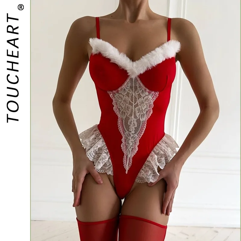 

Toucheart Christmas Erotic Bodysuit Game Role Playing White Lace with Fishnet Stockings Patchwork Pure Desire Christmas Limited