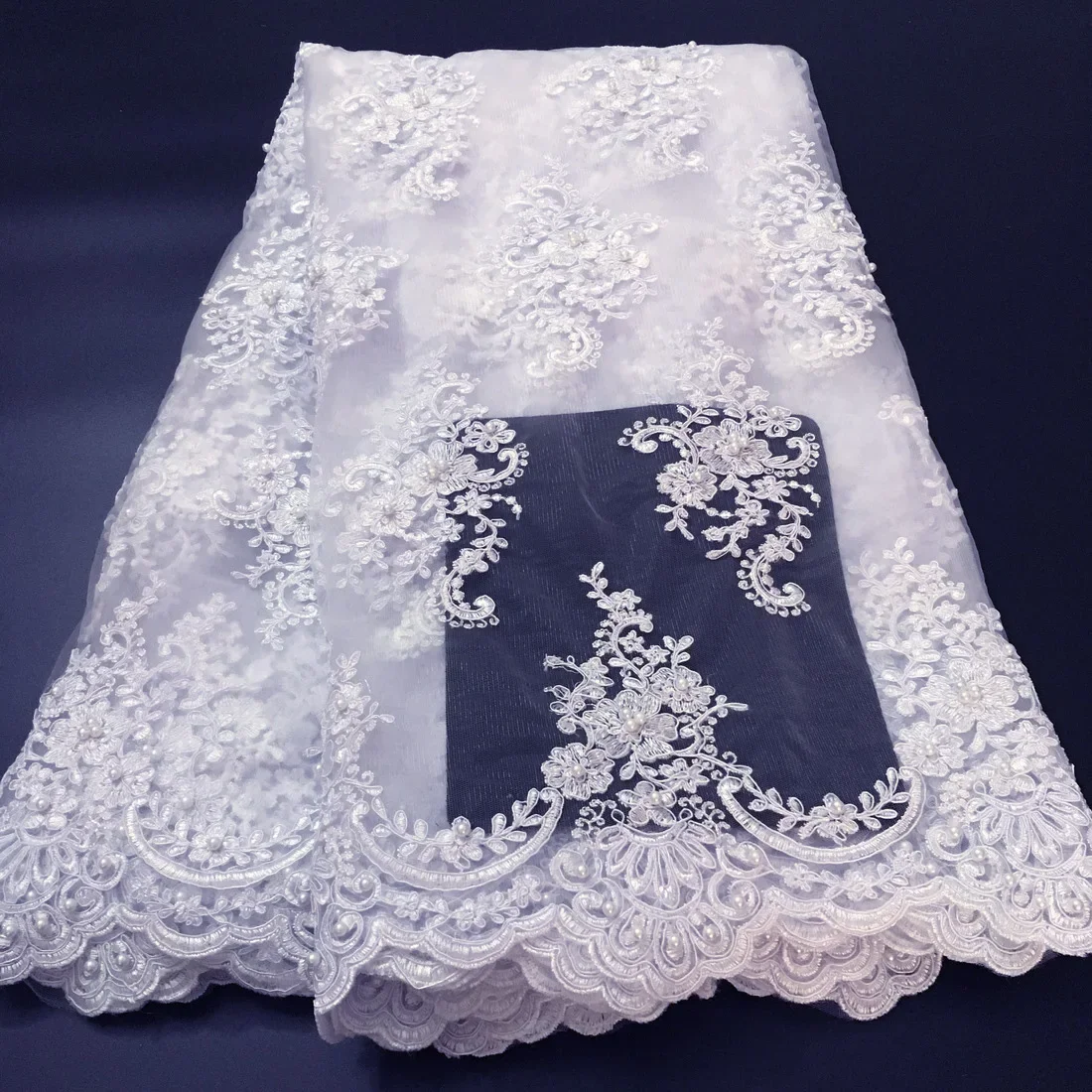 African Beaded Lace Fabric 2023 High Quality White French Lace Fabric Nigerian Tulle Mesh Lace Fabric For Wedding Dress K-D2327