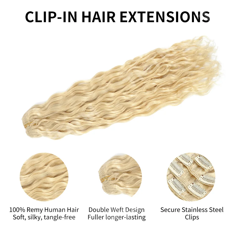 Clip In Hair Extensions Water Wave Real Human Hair 613# Blonde Natural Remy Clip On Hair 12