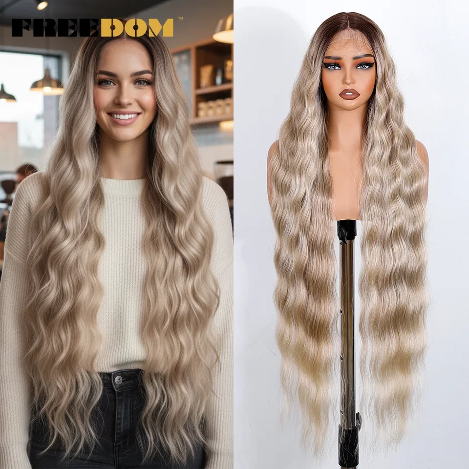FREEDOM Synthetic Lace Front Wigs For Black Women 36 Inch Long Deep Body Wavy Lace Wig Ombre Brown Blonde White Cosplay Wig - Image 6