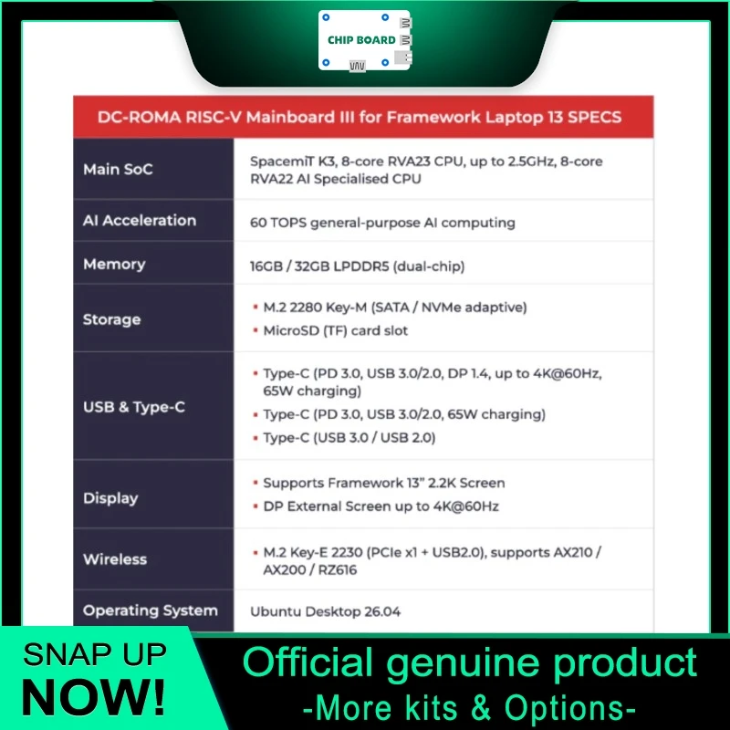 DC-ROMA RISC-V Mainboard III, Framework Laptop 13, 8-Core RVA-23 CPU, High-Performance AI Development Board